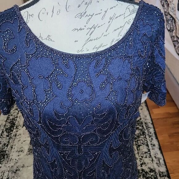 Pisarro Nights Ladies Size 2 Midnight Blue Long Beaded Gown - Picture 7 of 12